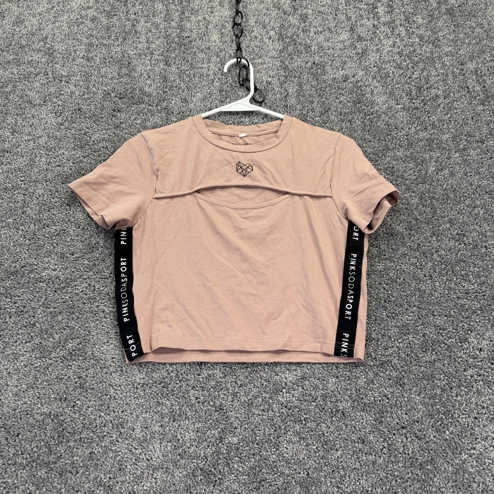Pink Soda Sport Shirt Womens Medium Pink Cropped Logo Tape Short Sleeve Athletic